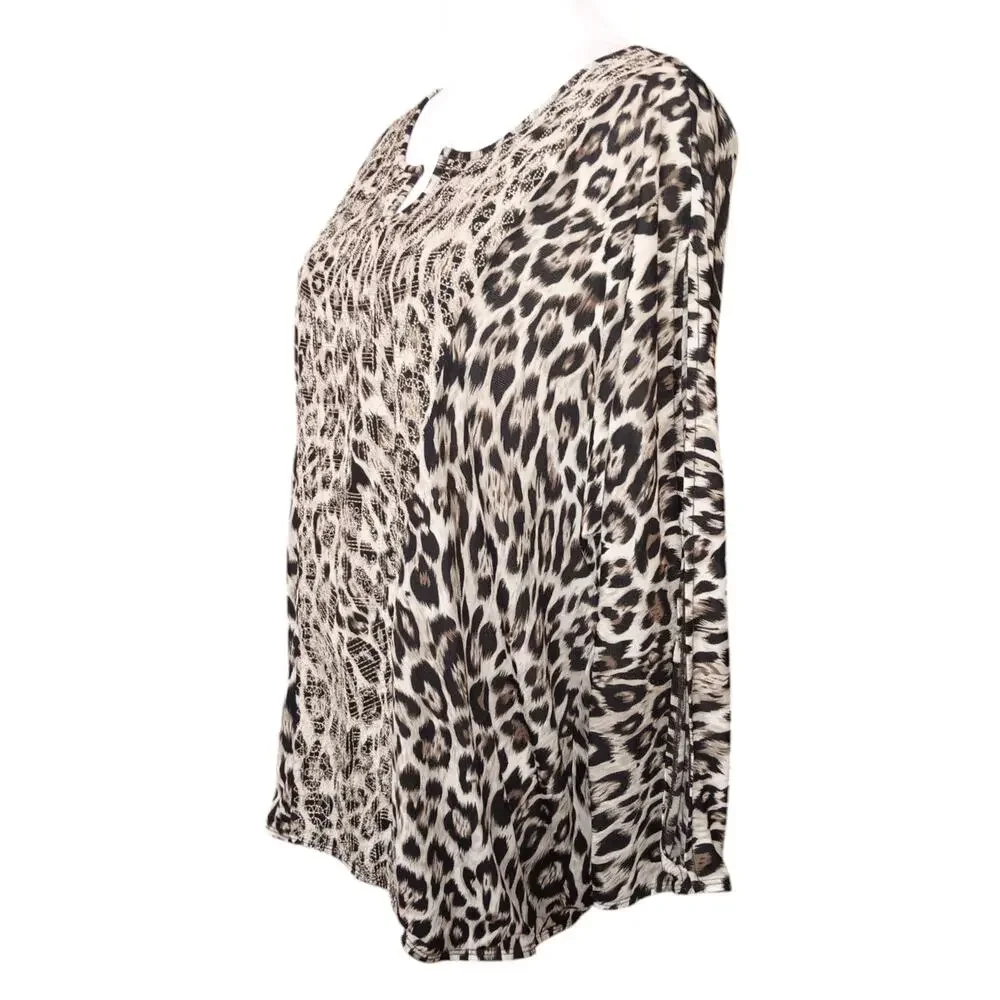 CHICO'S Blouse Top 3 XL Gold Embroidered Animal Print Cheetah Career‎ Office